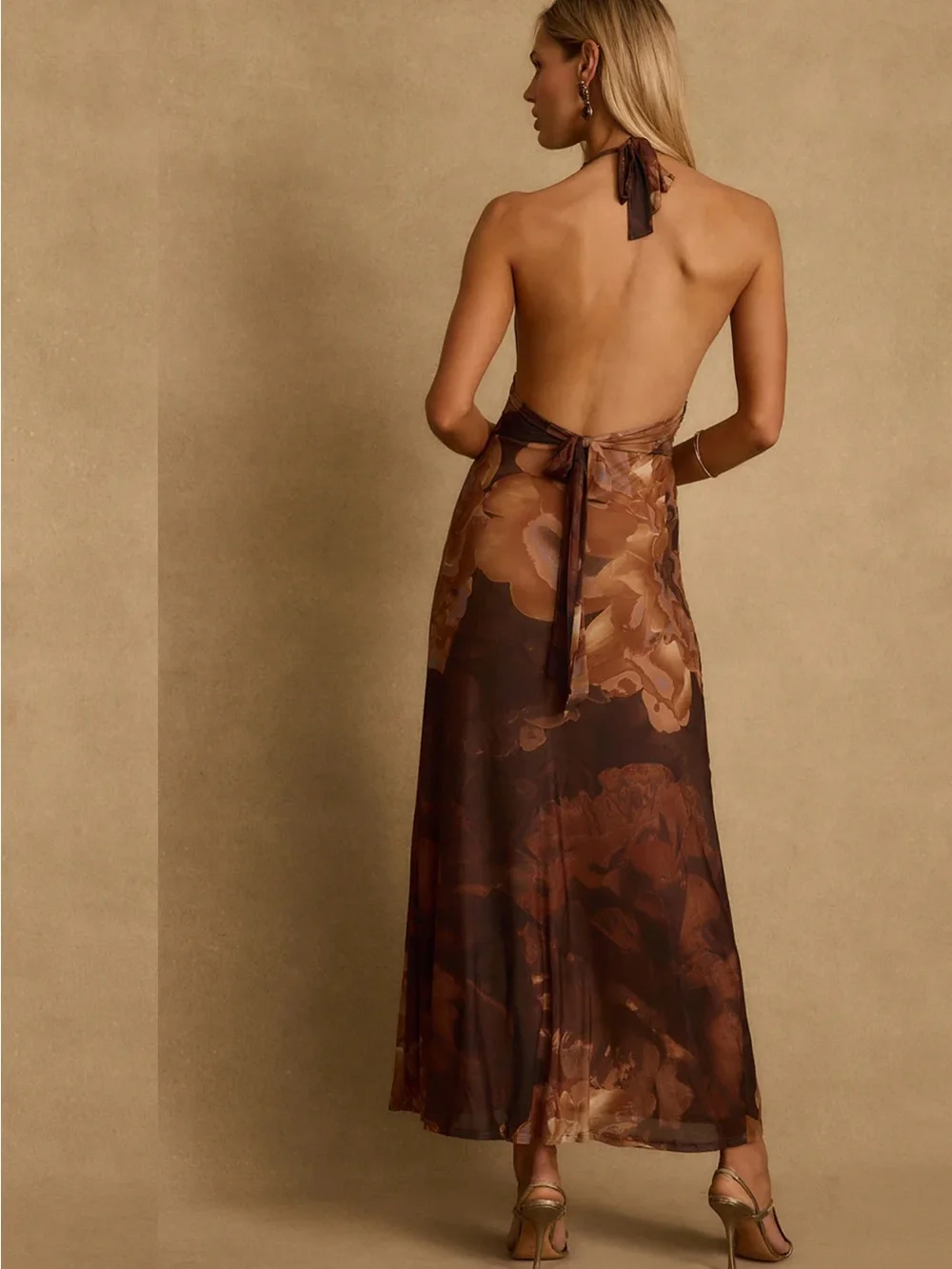 12th Tribe Brown Floral Halter Maxi Dress - Picture 2 of 8